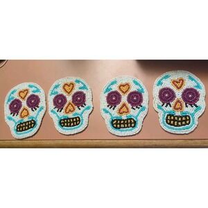 Unique MalevSugar Skull Beaded WHT TEAL RED Coasters Halloween Day of dead 4pc
